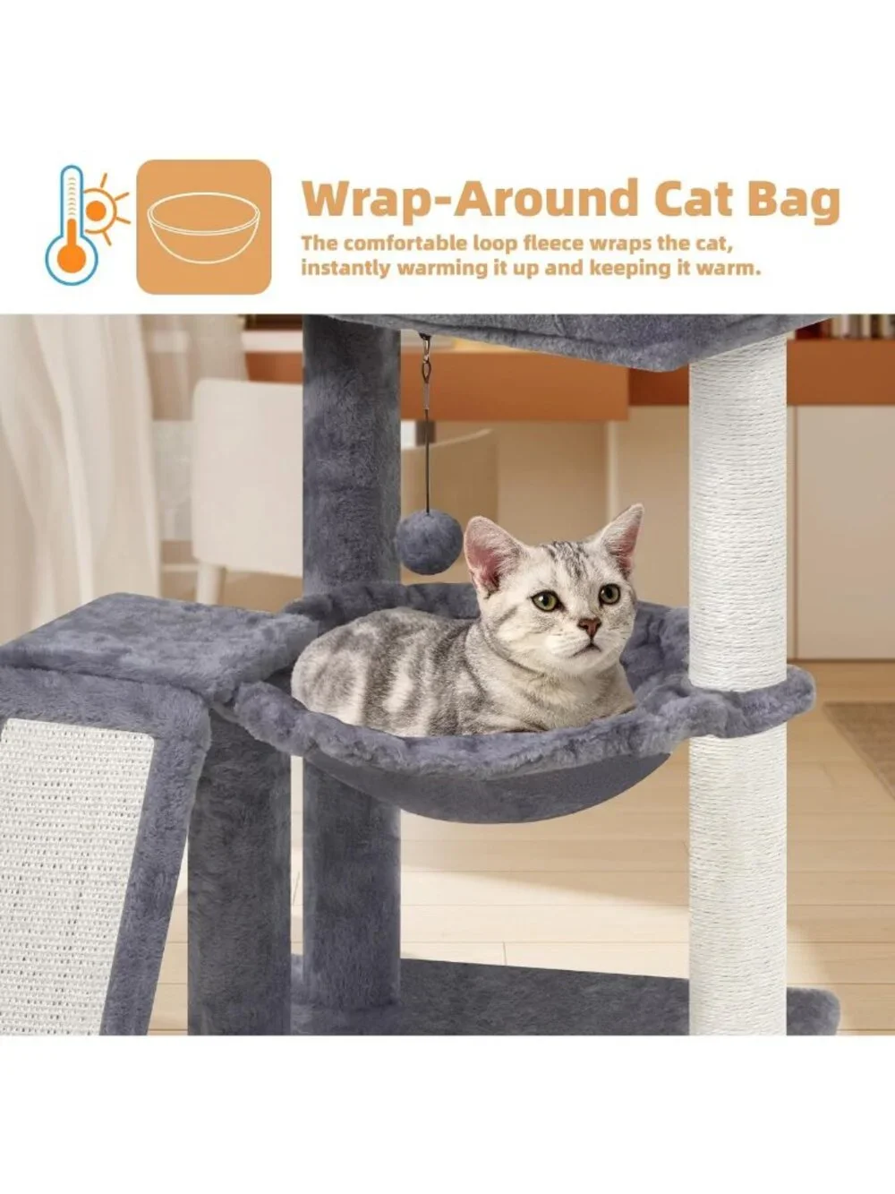 Cozy Cat Tree Tower with Scratching Post, Playful Toy Balls & Hammock - Grey